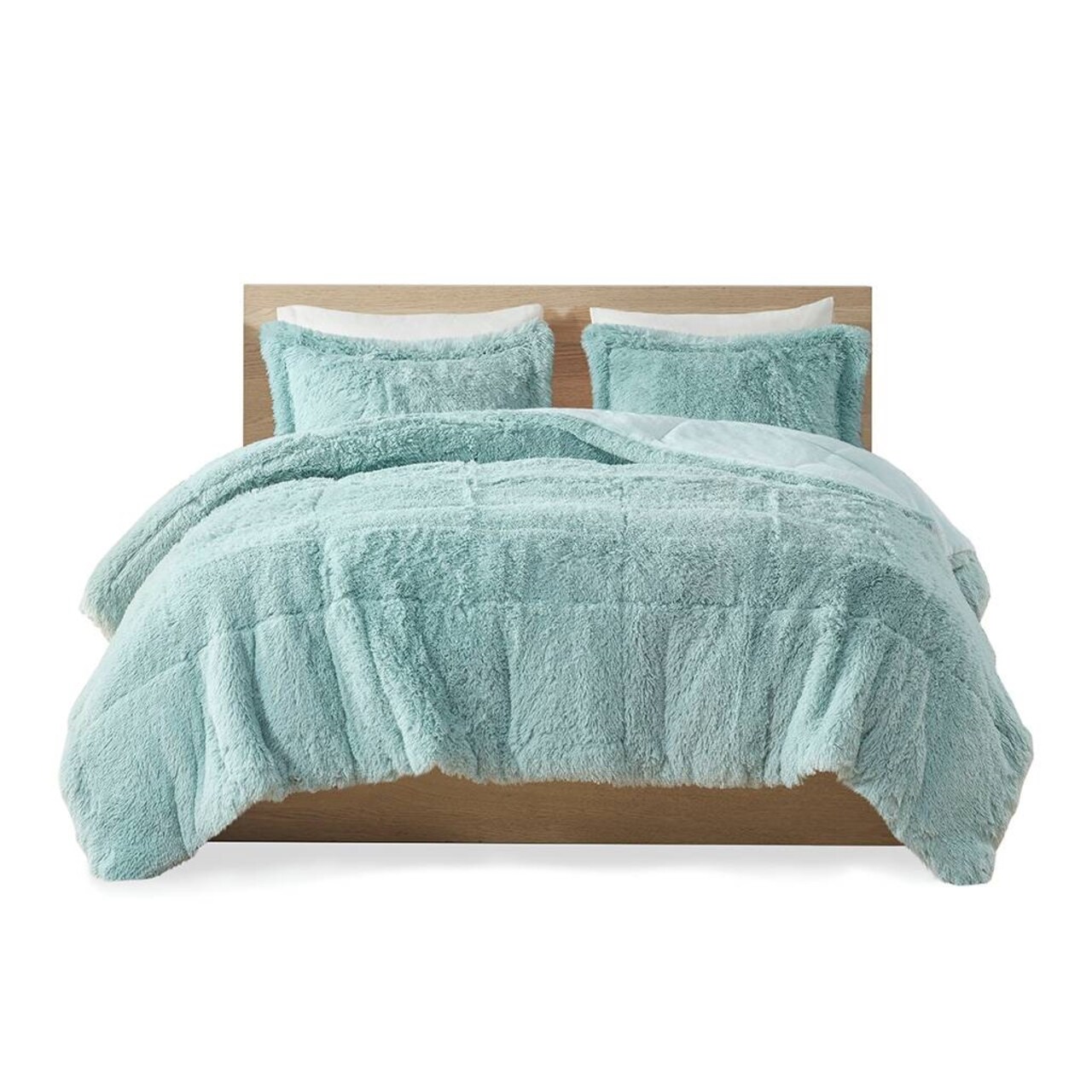 Soft Sherpa Faux Fur Comforter Set Light Teal Blue Hypoallergenic Polyester Bedding